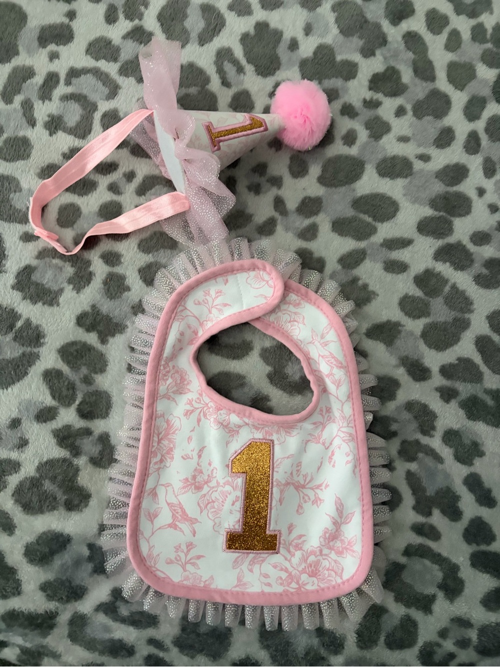 Pink First Birthday Bib and Hat Set with Gold '1'
